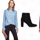 Devin Everyday Ankle Pants, $49 | Ruffle Chambray Shirt, $40 | Imogen Suede Booties, $99 | Cashmere Open Cardigan, $99